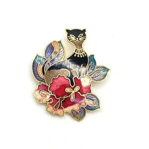 Vintage Cloisonne Enamel Black Cat Floral Brooch Pin Gold Tone Red Flower